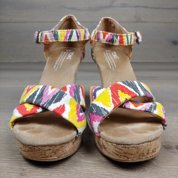 Toms Cork Wedge Canvas Multi Color Print Sandals - Picture 3 of 8
